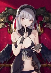 Rule 34 | 1girl, armlet, babydoll, bad id, bad pixiv id, bare shoulders, black nails, black panties, black wings, braid, breasts, brown eyes, cleavage, detached collar, earrings, feathered wings, finger to mouth, fingerless gloves, gloves, groin, halterneck, hand up, headdress, highres, index finger raised, jewelry, large breasts, lingerie, long hair, looking at viewer, low wings, nail polish, navel, original, panties, revision, scythe, shushing, sidelocks, silver hair, smile, solo, stomach, two side up, underwear, underwear only, upper body, wings, yukisame