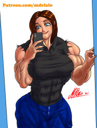 Rule 34 | 1girl, abs, alternate muscle size, bare arms, biceps, black shirt, blue border, blue eyes, blue pants, blush, border, breasts, brown hair, buttons, closed mouth, collared shirt, cowboy shot, denim, eyelashes, hand on wall, highres, holding, holding phone, jeans, large breasts, lips, mole, mole under eye, muscular, muscular female, neck, nose, open collar, pants, phone, samsung, samsung sam, selfie, shirt, short hair, short sleeves, signature, smile, thick thighs, thighs, tight clothes, torn clothes, torn sleeves, user crrk4353, watermark, web address, wide hips