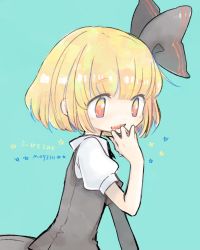 Rule 34 | 1girl, artist name, black bow, black vest, blonde hair, blue background, blunt bangs, bow, collared shirt, commentary request, hair bow, hand on own face, highres, m (m073111), medium hair, orange eyes, puffy short sleeves, puffy sleeves, rumia, sharp teeth, shirt, short sleeves, solo, star (symbol), teeth, touhou, twitter username, upper body, vest, white shirt