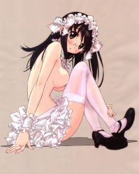 Rule 34 | 1girl, apron, arm support, black footwear, black hair, blush, breasts, brown eyes, female focus, frilled apron, frills, full body, glasses, grey eyes, highres, knees up, legs, long hair, long legs, looking at viewer, looking to the side, maid, maid apron, medium breasts, moe (phrase), naked apron, original, parted lips, profile, rimless eyewear, shadow, shoes, sideboob, sitting, solo, straight hair, takamura kazuhiro, thighhighs, topless, white thighhighs