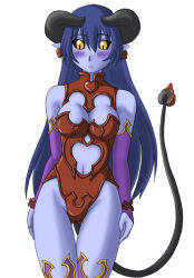 Rule 34 | 1girl, alternate color, arms at sides, astaroth (shinrabanshou), band, bare shoulders, black sclera, blue hair, blue skin, blush, bracelet, breasts, bridal gauntlets, chocolate, cleavage, closed mouth, clothing cutout, colored sclera, colored skin, cowboy shot, demon girl, demon tail, detached collar, earrings, elbow gloves, embarrassed, eyebrows, food, gloves, groin, hair between eyes, hands on own thighs, heart, heart earrings, highleg, highleg leotard, hip focus, horns, jewelry, legs together, leotard, long hair, looking down, medium breasts, navel, navel cutout, no wings, non-web source, one-piece swimsuit, pointy ears, purple thighhighs, shinrabanshou, sideboob, simple background, slit pupils, solo, standing, strapless, strapless leotard, swimsuit, tail, thigh gap, thighhighs, turtleneck, very long hair, white background, yellow eyes