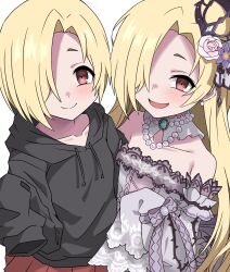 2girls bags_under_eyes bare_shoulders black_hoodie blonde_hair blush brown_eyes commentary_request dress dual_persona earrings hair_ornament hair_over_one_eye halulu highres hood hood_down hooded_jacket hoodie idolmaster idolmaster_cinderella_girls jacket jewelry long_hair long_sleeves looking_at_viewer multiple_girls necklace open_mouth red_eyes red_skirt shirasaka_koume short_eyebrows short_hair simple_background skirt sleeves_past_fingers sleeves_past_wrists smile white_background