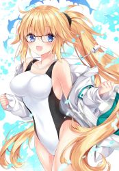 Rule 34 | 1girl, :d, bare shoulders, black-framed eyewear, blonde hair, blue eyes, blush, breasts, cleavage, collarbone, commentary request, competition swimsuit, cowboy shot, fate/grand order, fate (series), glasses, impossible clothes, impossible swimsuit, jacket, jeanne d&#039;arc (fate), jeanne d&#039;arc (ruler) (fate), jeanne d&#039;arc (swimsuit archer) (fate), jeanne d&#039;arc (swimsuit archer) (second ascension) (fate), large breasts, long hair, long sleeves, looking at viewer, nogi takayoshi, off shoulder, one-piece swimsuit, open clothes, open jacket, open mouth, ponytail, sidelocks, smile, solo, swimsuit, thighs, very long hair, white jacket
