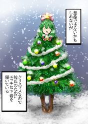 Rule 34 | 1girl, :d, absurdres, blush, boots, brown footwear, christmas, christmas tree costume, commentary request, closed eyes, front ponytail, green hair, highres, kagiyama hina, kushidama minaka, long hair, open mouth, ornament, smile, snow, solo, touhou, translation request, winter