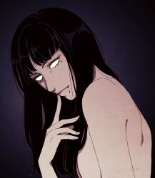 Rule 34 | 1girl, black background, black hair, blank eyes, blood, blood from mouth, breasts, commentary, english commentary, from side, hanpetos, kawakami tomie, medium breasts, mole, mole under eye, nude, shoulder blades, solo, tomie, upper body