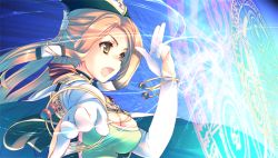 Rule 34 | 1girl, amazuyu tatsuki, aquaplus, bracelet, breasts, brown hair, cleavage, dungeon travelers 2, elbow gloves, frena rosenmeier, game cg, gloves, hat, irena rosenmeier, jewelry, long hair, magic, magic circle, official art, open mouth, solo, upper body, white gloves