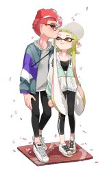 Rule 34 | 1boy, 1girl, baseball cap, black leggings, black sports bra, blunt bangs, cherry blossoms, closed eyes, closed mouth, commentary, cross-laced footwear, double vertical stripe, earrings, glasses, green hair, green jacket, hat, hetero, holding hands, hood, hood down, hoodie, inkling, inkling girl, inkling player character, interlocked fingers, jacket, jewelry, kiss, kissing forehead, leggings, long hair, looking at another, makeup, mascara, mask, mohawk, multicolored clothes, multicolored jacket, nintendo, no socks, octoling, octoling boy, octoling player character, one eye closed, open clothes, open jacket, orange eyes, partially unzipped, pointy ears, red-framed eyewear, shoes, short hair, smile, sneakers, splatoon (series), sports bra, standing, swimsuit, swimsuit under clothes, tentacle hair, track jacket, very long hair, white background, white footwear, white headwear, white jacket, yeneny