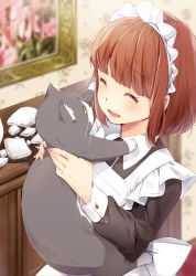 Rule 34 | 1girl, ^ ^, animal, apron, black cat, blurry, blurry background, bob cut, broken vessel, brown hair, cat, closed eyes, commentary request, frilled apron, frills, hazuki natsu, holding, holding animal, holding cat, long sleeves, maid, maid headdress, medium hair, open mouth, original, picture frame, shelf, short hair, smile, solo, twitter username, upper body, wallpaper (object)