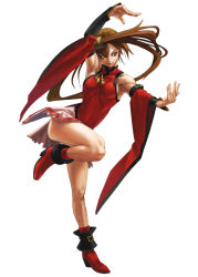 Rule 34 | 1girl, arc system works, armpits, breasts, brown eyes, brown hair, fighting stance, guilty gear, guilty gear isuka, guilty gear xx, hair rings, highres, ishiwatari daisuke, kuradoberi jam, long sleeves, official art, sideboob, simple background, solo, thighs, white background