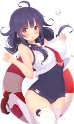 Rule 34 | 1girl, :o, ahoge, alternate costume, animal print, bare arms, blue one-piece swimsuit, blush, breasts, commentary request, crop top, fish print, hair flaps, hands up, highres, kagerou (shadowmage), kantai collection, large breasts, lifebuoy, long hair, looking at viewer, low twintails, one-piece swimsuit, open mouth, purple hair, red eyes, sailor collar, sandals, school swimsuit, solo, swim ring, swimsuit, swimsuit under clothes, taigei (kancolle), thighhighs, twintails, water, wet, whale print, white thighhighs