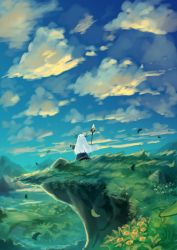 Rule 34 | 1girl, absurdres, blue sky, cloud, cloudy sky, crown, day, dress, facing away, floating hair, flower, from behind, highres, hill, holding, holding staff, horns, huge filesize, landscape, long dress, long hair, long sleeves, mana matitia (okame nin), okame nin, original, outdoors, outstretched arms, sky, solo, spread arms, staff, standing, white hair, yellow flower