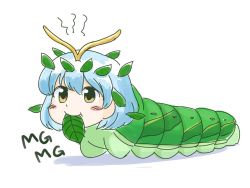 Rule 34 | 1girl, :t, aged down, antennae, blue hair, blush stickers, brown eyes, caterpillar, closed mouth, eating, eternity larva, hair between eyes, hair ornament, itatatata, leaf hair ornament, mg mg, mouth hold, shadow, short hair, simple background, smile, solo, tareme, text focus, too literal, touhou, white background