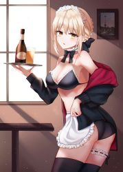 Rule 34 | 1girl, :o, absurdres, apron, artoria pendragon (all), artoria pendragon (alter swimsuit rider) (second ascension) (fate), artoria pendragon (fate), ass, bad id, bad pixiv id, bikini, biya (1024), black bikini, black bow, black jacket, black thighhighs, blonde hair, bottle, bow, braid, breasts, bridal garter, cleavage, cup, drawing (object), drink, fate/grand order, fate (series), hair bow, highres, holding, indoors, jacket, light particles, long hair, long sleeves, looking at viewer, maid, maid headdress, medium breasts, neck garter, picture frame, saber alter, sidelocks, solo, swimsuit, table, thighhighs, thighs, tray, unworn jacket, window, yellow eyes