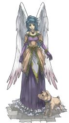 Rule 34 | 1girl, angel wings, bad id, bad pixiv id, blue hair, breath of fire, breath of fire ii, dress, elbow gloves, frills, gloves, green eyes, jewelry, long hair, mina wyndia, necklace, pig, ryuu (mat hin), solo, suzy, tiara, white wings, wings