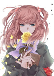Rule 34 | 1girl, armband, bad id, bad pixiv id, blue eyes, book, chiyu ki, colored eyelashes, flower, hair bobbles, hair ornament, holding, long hair, petals, red hair, rose, short twintails, simple background, solo, twintails, two side up, umineko no naku koro ni, upper body, ushiromiya ange, wind, yellow flower, yellow rose