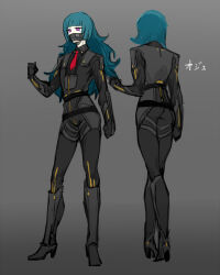 Rule 34 | 1girl, belt, black belt, black bodysuit, black footwear, black gloves, blue hair, bodysuit, boots, clenched hand, e.g.o (project moon), employee (project moon), full body, gloves, grey background, lobotomy corporation, long hair, looking to the side, mask, mouth mask, multiple views, necktie, nishikujic, pink eyes, project moon, red necktie, sidelocks, simple background