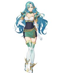 Rule 34 | 1girl, ankle boots, aqua hair, armor, belt, boots, braid, breasts, chloe (fire emblem), cleavage, covered navel, dress, earrings, elbow gloves, fire emblem, fire emblem engage, fire emblem heroes, full body, garter straps, gloves, green eyes, hair ornament, hand on own hip, high heels, highres, jewelry, kainown, long hair, looking at viewer, medium breasts, nintendo, non-web source, official art, pelvic curtain, short dress, shoulder armor, smile, solo, standing, thighhighs, transparent background, zettai ryouiki