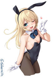 Rule 34 | 1girl, alternate costume, animal ears, artist name, black pantyhose, blonde hair, blue eyes, bow, bowtie, breasts, cowboy shot, detached collar, ebifurya, fake animal ears, gloves, heart, highres, jervis (kancolle), kantai collection, leotard, long hair, one-hour drawing challenge, one eye closed, pantyhose, playboy bunny, rabbit ears, rabbit tail, sideboob, simple background, small breasts, solo, spoken heart, tail, white background, white gloves
