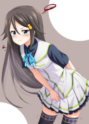 Rule 34 | 10s, 1girl, :t, bassa, black hair, black thighhighs, blue eyes, blush, covering privates, covering crotch, frown, hair ornament, izumi reina, leaning forward, long hair, looking at viewer, musaigen no phantom world, pleated skirt, pout, puffy cheeks, school uniform, skirt, solo, thighhighs, very long hair