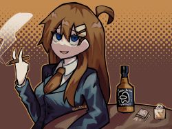 Rule 34 | 1girl, ahoge, alcohol, among us, black jacket, blue eyes, breasts, brown hair, brown nails, brown necktie, cigarette, cocaine, coco (556ch0cl8), collared shirt, commentary, crewmate (among us), english commentary, formal, hair between eyes, hair ornament, hairclip, highres, hod (project moon), holding, holding cigarette, jacket, lobotomy corporation, long hair, long sleeves, medium breasts, necktie, open mouth, project moon, sanpaku, shirt, smile, smoke, solo, suit, suit jacket, whiskey