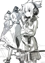 Rule 34 | 3girls, closed mouth, crossed arms, dress, earmuffs, greyscale, hair between eyes, hat, long hair, long sleeves, looking to the side, makuwauri, monochrome, mononobe no futo, multiple girls, neck ribbon, pointy hair, ponytail, ribbon, ribbon-trimmed sleeves, ribbon trim, short hair, short sleeves, skirt, sleeveless, sleeves past wrists, soga no tojiko, standing, tate eboshi, touhou, toyosatomimi no miko, wide sleeves