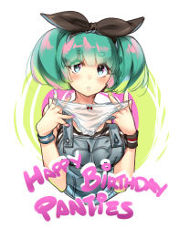 Rule 34 | 1girl, aqua eyes, aqua hair, blush, bow, bow panties, breasts, eyebrows, green hair, happy birthday, highres, holding, holding clothes, holding panties, holding underwear, lace, lace-trimmed panties, lace trim, large breasts, naso4, open mouth, original, overalls, panties, solo, twintails, underwear, white panties, wristband