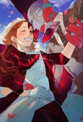 Rule 34 | 1boy, 1girl, animification, blue eyes, bridal veil, couple, dress, expressionless, formal, gloves, highres, holding hands, husband and wife, looking at viewer, marvel, marvel cinematic universe, qin (7833198), red eyes, robot, scarlet witch, shattered, smile, suit, tiara, veil, vision (marvel), wanda maximoff, wandavision, wedding dress, white dress, white gloves