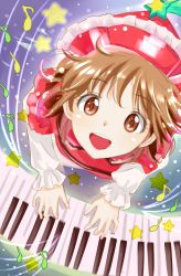 Rule 34 | 1girl, bogyaku no m, brown eyes, brown hair, from above, hat, highres, instrument, keyboard (instrument), long sleeves, looking at viewer, looking up, lyrica prismriver, music, musical note, open mouth, playing instrument, quaver, shirt, short hair, smile, solo, star (symbol), touhou, vest