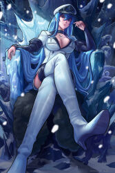 Rule 34 | 1girl, akame ga kill!, blue eyes, blue hair, blue nails, boots, breasts, cleavage, crossed legs, esdeath, hat, highres, ice, large breasts, long hair, long sleeves, military, military uniform, pencilequipped, sitting, snow, solo, throne, uniform, very long hair, white footwear
