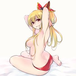 Rule 34 | 10s, 1girl, armpits, arms up, ass, barefoot, bikini, bikini bottom only, blonde hair, bow, breasts, chan co, empty eyes, full body, granblue fantasy, hair bow, hair censor, hair in own mouth, large breasts, long hair, looking at viewer, ponytail, red bikini, red eyes, simple background, smile, solo, swimsuit, topless, vira (granblue fantasy), white background