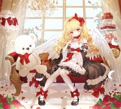 Rule 34 | 1girl, apron, bad id, bad pixiv id, bare shoulders, black footwear, black skirt, black sleeves, blonde hair, blue sky, blush, bow, chandelier, checkered floor, closed mouth, commission, couch, cup, day, detached sleeves, feathered wings, feathers, flower, food, frilled sleeves, frills, hair between eyes, haruri, head tilt, highres, holding, holding cup, holding saucer, juliet sleeves, knees together feet apart, lamp, lampshade, long hair, long sleeves, looking at viewer, macaron, on couch, original, pantyhose, puffy sleeves, red bow, red eyes, red flower, red rose, rose, saucer, shirt, shoes, sitting, skirt, sky, smile, solo, strapless, stuffed animal, stuffed toy, teddy bear, tiered tray, very long hair, white apron, white feathers, white pantyhose, white shirt, white wings, wide sleeves, window, wings