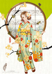 Rule 34 | 1girl, arm at side, bass clef, blue kimono, blue ribbon, bow, brown hair, bug, butterfly, checkered bow, checkered clothes, floral print, flower, full body, furisode, hair bow, hair flower, hair ornament, hana (asml30), highres, insect, japanese clothes, kimono, long sleeves, looking to the side, original, platform footwear, porthole, red ribbon, ribbon, sandals, sash, sheet music, short hair, solo, striped clothes, striped kimono, translation request, vertical-striped clothes, vertical-striped kimono, watermark, web address, wide sleeves, yellow eyes