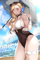 Rule 34 | 1girl, absurdres, azur lane, bare shoulders, blonde hair, blue eyes, blush, breasts, cleavage, collarbone, covered navel, earrings, eyewear on head, flower, hair flower, hair ornament, hair over shoulder, highres, holding, holding umbrella, hood (azur lane), hood (lady of the shining sun) (azur lane), jewelry, kome cola, large breasts, long hair, looking at viewer, nail polish, necklace, one-piece swimsuit, parasol, smile, solo, sunglasses, swimsuit, thigh strap, umbrella
