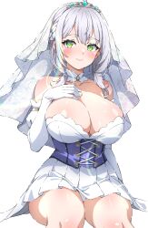 Rule 34 | 1girl, absurdres, alternate costume, blush, breasts, cleavage, collar, detached collar, dress, elbow gloves, gloves, green eyes, grey hair, highres, hololive, isakoro (hx9cj), large breasts, looking at viewer, shirogane noel, sleeveless, sleeveless dress, smile, solo, virtual youtuber, white background, white collar, white dress, white gloves