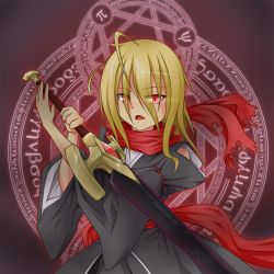 Rule 34 | 1girl, blonde hair, ex-rumia, fang, female focus, japanese clothes, magic circle, open mouth, red eyes, ribbon, rumia, scarf, short hair, slit pupils, solo, sword, tennenmoe, touhou, weapon