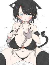 Rule 34 | 1girl, alternate breast size, animal ear fluff, animal ears, bikini, black bikini, black hair, black nails, black thighhighs, blush, breasts, cat ears, cat girl, cat tail, cleavage, cuffs, highres, hololive, kuma no bansoukou, large breasts, looking at viewer, nail polish, navel, oozora subaru, shackles, short hair, side-tie bikini bottom, side-tie swimsuit, solo, swept bangs, swimsuit, tail, thighhighs, virtual youtuber
