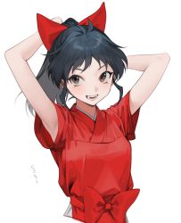 Rule 34 | 1girl, armpits, arms up, bad id, bad twitter id, bow, breasts, brown eyes, cropped torso, fangs, hair bow, hair ornament, han&#039;you no yashahime, highres, inuyasha, long hair, looking at viewer, moroha (inuyasha), ohisashiburi, open mouth, ponytail, red bow, short sleeves, simple background, solo, translation request, white background
