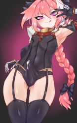 Rule 34 | 1boy, arm up, armpits, astolfo (fate), black ribbon, blush, bulge, crossdressing, cum, cum in clothes, cum through clothes, erection, erection under clothes, fate/grand order, fate (series), highres, jtveemo, long hair, male focus, pink hair, purple eyes, ribbon, ribbon hair, smile, solo, thighhighs, tongue, tongue out, trap, v