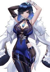 Rule 34 | 1girl, absurdres, asymmetrical gloves, bare shoulders, black hair, black pants, blue dress, blue hair, blush, bob cut, braid, breasts, cleavage, cleavage cutout, clothing cutout, diagonal bangs, dress, earrings, eternity (shadeh), fur-trimmed jacket, fur trim, genshin impact, gloves, green eyes, highres, jacket, jacket on shoulders, jewelry, large breasts, long sleeves, looking at viewer, mismatched gloves, mole, mole on breast, multicolored hair, neck ring, pants, pelvic curtain, short hair, simple background, tassel, thighs, tight clothes, tight pants, two-tone hair, white background, white jacket, yelan (genshin impact)