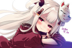 Rule 34 | blush, commentary request, dated, hair ornament, hirowa nagi, horns, japanese clothes, long hair, looking at viewer, mask, naraka (nijisanji), nijisanji, oni horns, oni mask, pointy ears, red eyes, silver hair, smile, virtual youtuber, white background