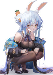Rule 34 | 1girl, animal ear fluff, animal ears, black jacket, blue hair, blush, bodystocking, breasts, carrot hair ornament, cleavage, food-themed hair ornament, full body, fuyouchu, hair ornament, high heels, highres, hololive, houshou marine, houshou marine (marching band), jacket, long hair, long sleeves, medium breasts, open clothes, open jacket, parted lips, puffy long sleeves, puffy sleeves, rabbit ears, see-through, see-through cleavage, simple background, solo, squatting, thick eyebrows, usada pekora, very long hair, virtual youtuber, white background, yellow eyes