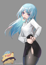 Rule 34 | 1girl, absurdres, black pantyhose, black skirt, blue hair, breasts, chinese commentary, collared shirt, fishnets, grey background, hair tie in mouth, head tilt, highres, looking down, medium breasts, mouth hold, multicolored hair, office lady, pantyhose, pencil skirt, pig, pink hair, project-sp, seki (project-sp), shirt, siviru luke, skirt, solo, streaked hair, torn clothes, torn pantyhose, virtual youtuber, white shirt