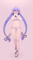 Rule 34 | 1girl, absurdres, ahoge, blue eyes, blush, boots, bra, braid, breasts, commentary, covering own mouth, english commentary, female focus, full body, hair between eyes, hands up, highres, long hair, looking at viewer, mushoku tensei, mycrys, navel, panties, purple bra, purple hair, purple panties, roxy migurdia, simple background, small breasts, solo, standing, stomach, swept bangs, twin braids, underwear, very long hair