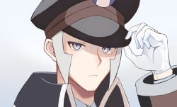 Rule 34 | 1boy, bad id, bad pixiv id, black coat, black hat, closed mouth, coat, commentary request, creatures (company), frown, game freak, gloves, grey eyes, grey hair, hand on headwear, hand up, hat, high collar, highres, ingo (pokemon), long sideburns, long sleeves, looking at viewer, male focus, nintendo, okuro zmzm, peaked cap, pokemon, pokemon bw, portrait, short hair, sideburns, solo, trench coat, white gloves