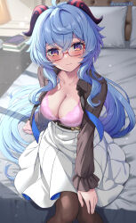Rule 34 | 1girl, ahoge, arm support, bed, belt, black belt, black shirt, blue hair, blush, book, bow, bow bra, bowtie, bra, breasts, cleavage, closed mouth, collarbone, collared shirt, commentary request, frilled shirt, frills, ganyu (china merchants bank) (genshin impact), ganyu (genshin impact), genshin impact, glasses, goat horns, gradient eyes, hair between eyes, hand on own thigh, high-waist skirt, highres, horns, indoors, lamp, long hair, long sleeves, medium breasts, multicolored eyes, nightstand, on bed, open clothes, open shirt, pillow, pink bra, ponnyu12, ponytail, purple eyes, raised eyebrows, rectangular eyewear, red-framed eyewear, semi-rimless eyewear, shirt, sidelighting, sidelocks, sitting, skirt, solo, twitter username, two-sided fabric, two-sided skirt, underwear, undone bowtie, very long hair, white skirt