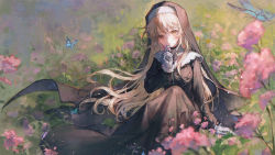 Rule 34 | 1girl, absurdres, arm support, black dress, blonde hair, breasts, brown eyes, bug, butterfly, dress, flower, gloves, grass, habit, highres, holding, holding flower, insect, long dress, long hair, long skirt, long sleeves, looking at viewer, maccha (mochancc), medium breasts, nijisanji, nun, outdoors, sister claire, sister claire (1st costume), sitting, skirt, smile, solo, traditional nun, virtual youtuber, white gloves
