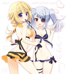 Rule 34 | 10s, 2girls, ameto yuki, ass, bad id, bad pixiv id, bikini, bikini in mouth, blonde hair, blue hair, braid, breasts, butt crack, charlotte dunois, clothes in mouth, d:, eyepatch, flat chest, frills, infinite stratos, laura bodewig, long hair, looking back, medium breasts, mouth hold, multiple girls, navel, nipple slip, nipples, open mouth, purple eyes, red eyes, sideboob, small breasts, swimsuit, twintails, untied bikini, untying
