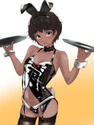 Rule 34 | 1girl, animal ears, bare shoulders, black choker, black hair, black thighhighs, blush, breasts, brown eyes, choker, cleavage, dark-skinned female, dark skin, fake animal ears, gradient background, highres, leotard, looking at viewer, mole, mole on breast, mole on crotch, mole on pussy, mole under eye, navel, open mouth, original, playboy bunny, rabbit ears, rabbit tail, short hair, small breasts, smile, solo, tail, tama (tamago), thighhighs, thighs, tray, waitress