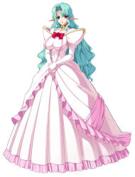 Rule 34 | 1girl, a line gown, aqua hair, arietta elfinrine, bare shoulders, bow, breasts, choker, circlet, dress, elbow gloves, elf, flower, frilled dress, frills, gloves, gown, himekishi olivia, impossible clothes, impossible dress, large breasts, long hair, official art, pink dress, pointy ears, puffy sleeves, purple eyes, rose, solo, very long hair, white background