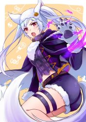 Rule 34 | 1girl, animal ears, animal hands, belt, fake animal ears, fire emblem, fire emblem awakening, fire emblem heroes, fur trim, gloves, grima (fire emblem), halloween costume, highres, ichino tomizuki, long sleeves, nintendo, open mouth, paw gloves, red eyes, robin (female) (fire emblem), robin (fire emblem), shorts, solo, tail, thigh strap, twintails, white hair, wolf ears, wolf tail